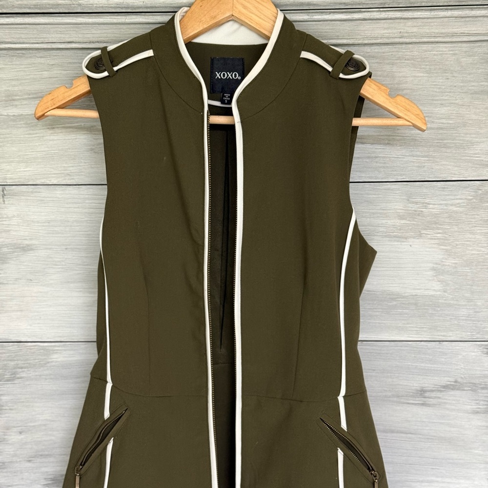 XOXO Khaki Green Vest with White Accents flower embroidered on the back